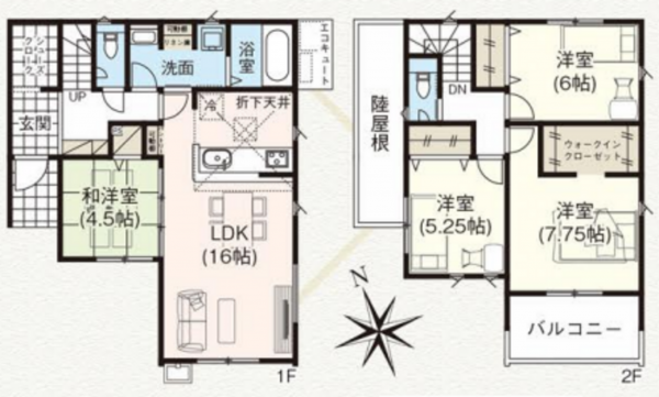 仙台市若林区沖野、新築一戸建ての間取り画像です