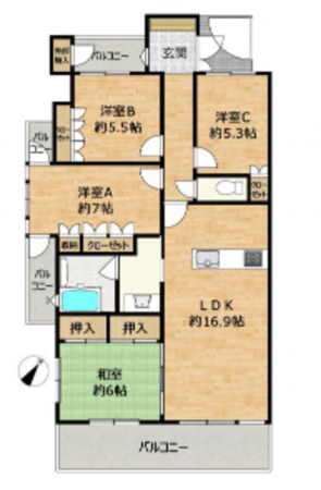 出雲市渡橋町、マンションの間取り画像です