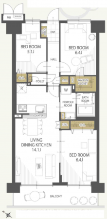 草加市新里町、マンションの間取り画像です