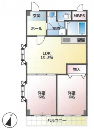 草加市小山、マンションの間取り画像です