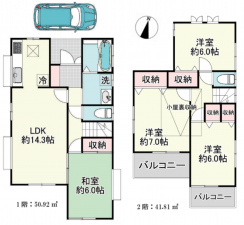 草加市遊馬町、中古一戸建ての間取り画像です