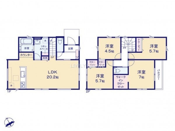 越谷市赤山町、新築一戸建ての間取り画像です