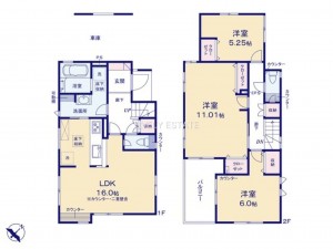 越谷市大字大里、新築一戸建ての間取り画像です