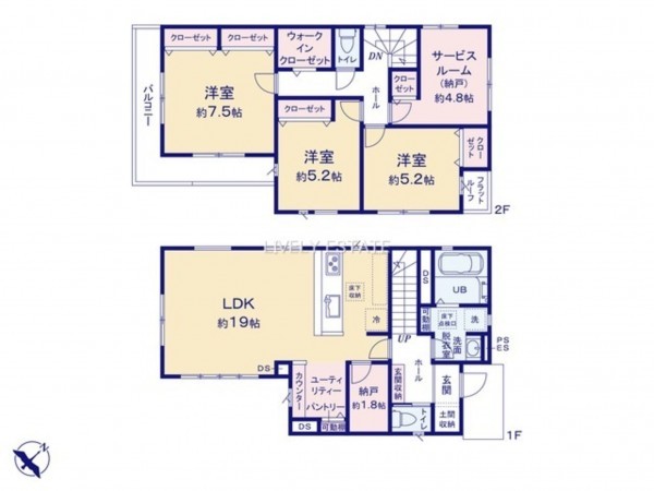 越谷市大字大里、新築一戸建ての間取り画像です