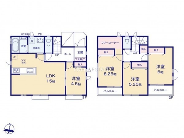 越谷市瓦曽根、新築一戸建ての間取り画像です