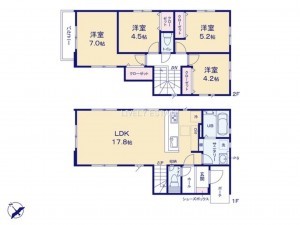 越谷市大字下間久里、新築一戸建ての間取り画像です