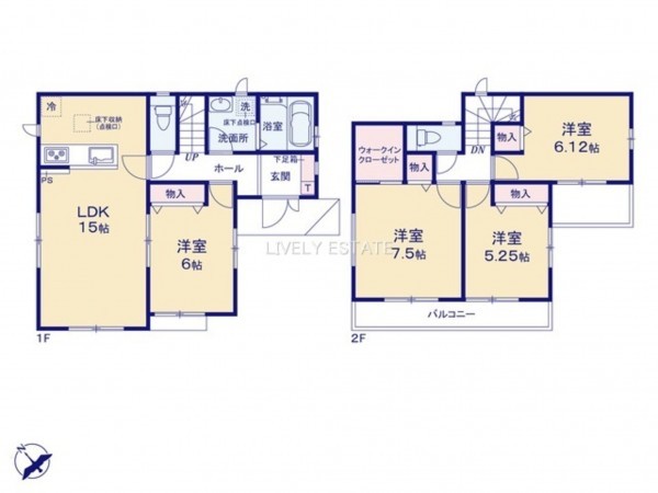 越谷市大字下間久里、新築一戸建ての間取り画像です