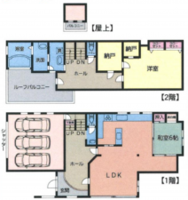 越谷市東越谷、中古一戸建ての間取り画像です