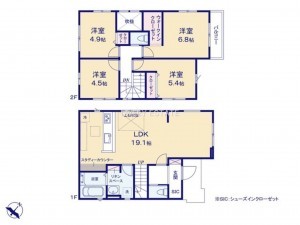 越谷市東越谷、新築一戸建ての間取り画像です