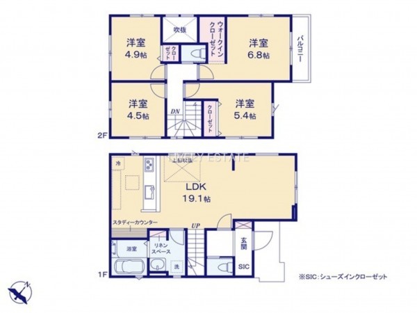 越谷市東越谷、新築一戸建ての間取り画像です