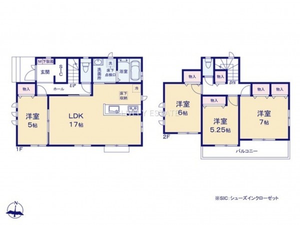 越谷市大字大林、新築一戸建ての間取り画像です