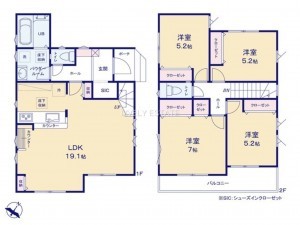 越谷市神明町、新築一戸建ての間取り画像です