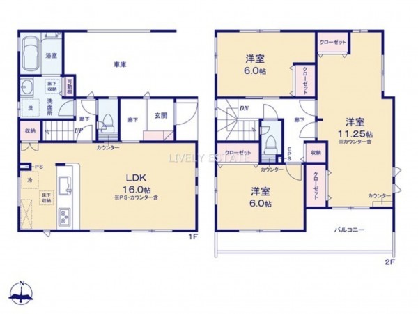 越谷市大字大里、新築一戸建ての間取り画像です