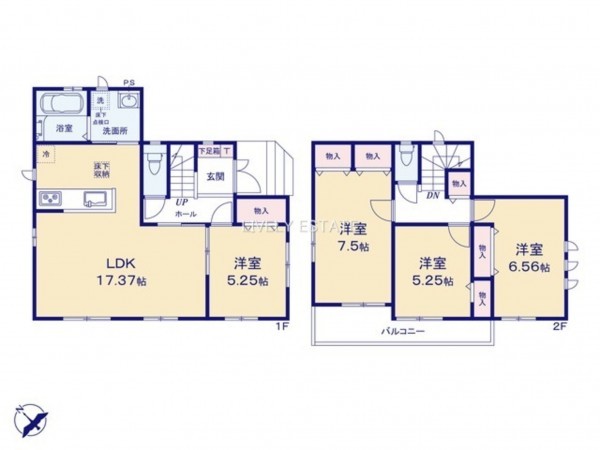 越谷市大字船渡、新築一戸建ての間取り画像です