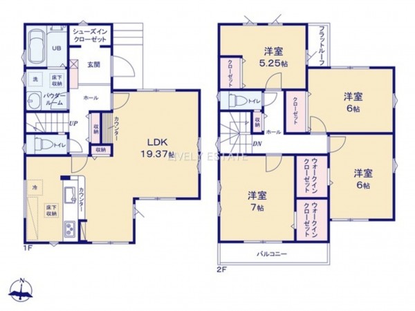 越谷市瓦曽根、新築一戸建ての間取り画像です