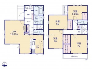 越谷市瓦曽根、新築一戸建ての間取り画像です