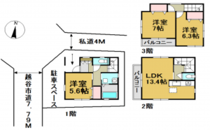 越谷市大字恩間、新築一戸建ての間取り画像です