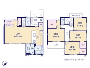 越谷市大字下間久里、新築一戸建ての間取り画像です