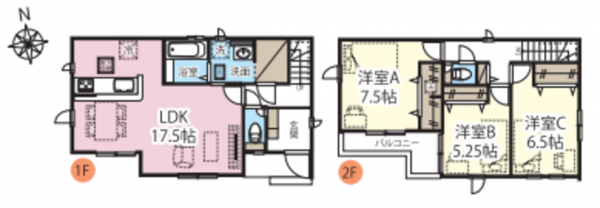 越谷市蒲生、新築一戸建ての間取り画像です
