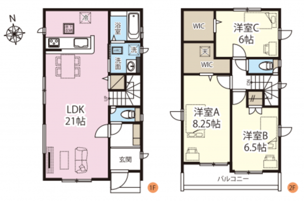 越谷市蒲生、新築一戸建ての間取り画像です
