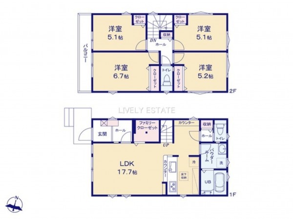 越谷市大字上間久里、新築一戸建ての間取り画像です