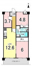 大阪市鶴見区鶴見、マンションの間取り画像です