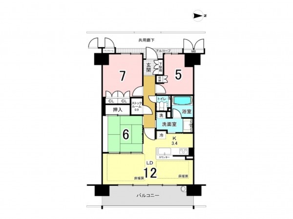 大阪市鶴見区鶴見、マンションの間取り画像です