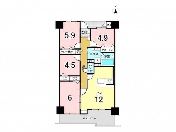 大阪市鶴見区鶴見、マンションの間取り画像です