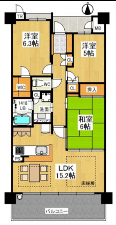 大東市谷川、マンションの間取り画像です