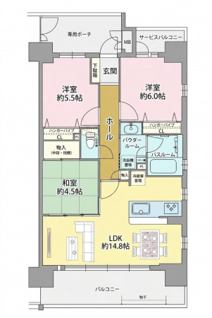 大阪市鶴見区焼野、マンションの間取り画像です