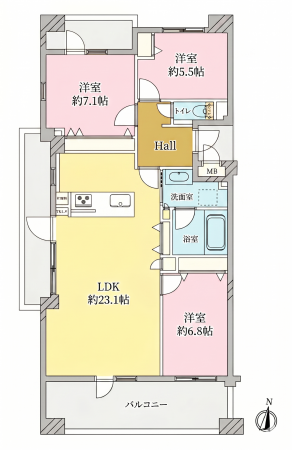 大阪市鶴見区鶴見、マンションの間取り画像です