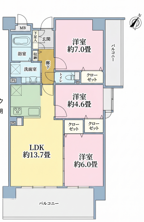 大阪市鶴見区焼野、マンションの間取り画像です