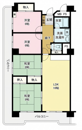 大阪市鶴見区鶴見、マンションの間取り画像です
