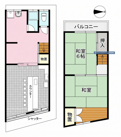 大東市氷野、収益物件/店舗付住宅の間取り画像です