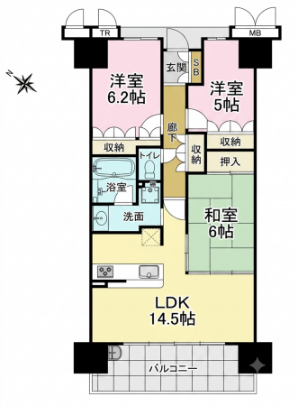 大阪市鶴見区鶴見、マンションの間取り画像です