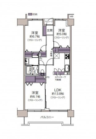 仙台市泉区市名坂、マンションの間取り画像です