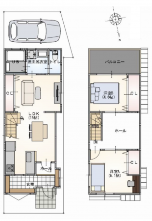 京都市伏見区深草大亀谷東寺町、中古一戸建ての間取り画像です