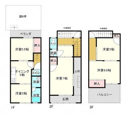 京都市伏見区深草直違橋、中古一戸建ての間取り画像です