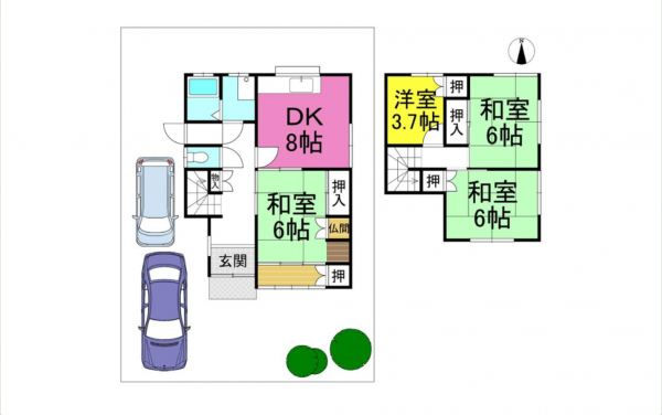 京都市伏見区深草大亀谷古御香町、中古一戸建ての間取り画像です