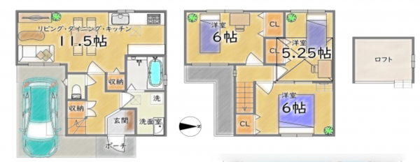 京都市南区上鳥羽西浦町、中古一戸建ての間取り画像です