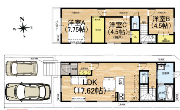 京都市伏見区深草大亀谷万帖敷町、新築一戸建ての間取り画像です