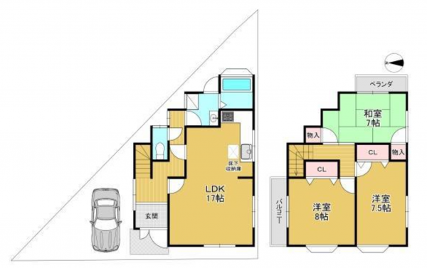 京都市伏見区久我御旅町、中古一戸建ての間取り画像です
