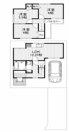 京都市南区上鳥羽西浦町、中古一戸建ての間取り画像です