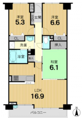 京都市南区唐橋経田町、マンションの間取り画像です