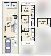 京都市南区西九条唐戸町、新築一戸建ての間取り画像です