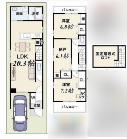 京都市南区西九条唐戸町、新築一戸建ての間取り画像です