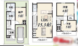 京都市伏見区深草直違橋南、新築一戸建ての間取り画像です