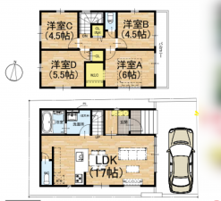 京都市南区久世上久世町、新築一戸建ての間取り画像です