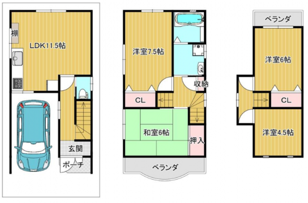 京都市南区八条源町、中古一戸建ての間取り画像です
