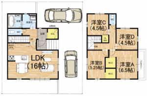 京都市伏見区深草大亀谷万帖敷町、新築一戸建ての間取り画像です